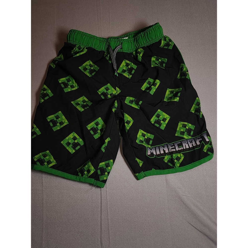 Minecraft Boys Swim Trunks Size 8 Creeper Board Shorts Black Green